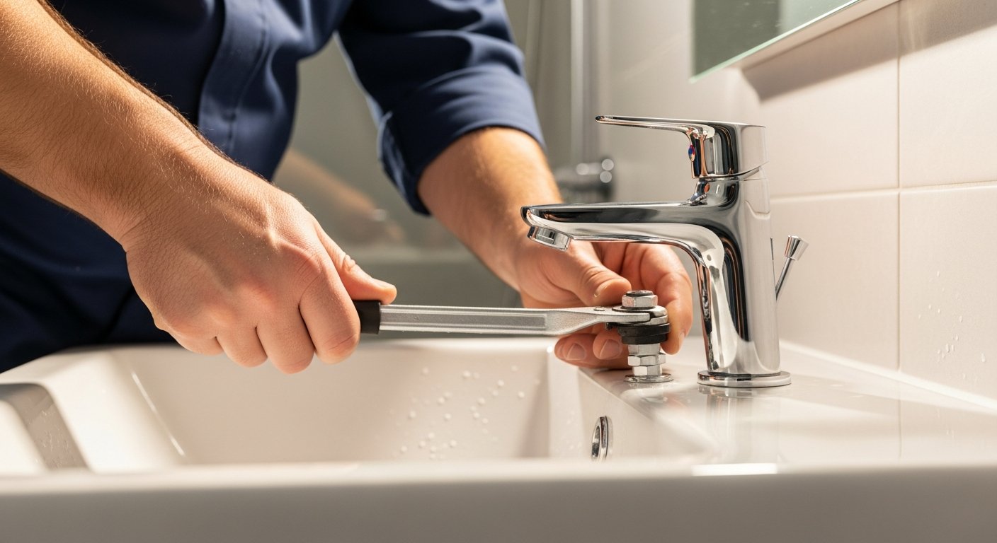 Professional plumber fitting a chrome tap on a modern bathroom basin