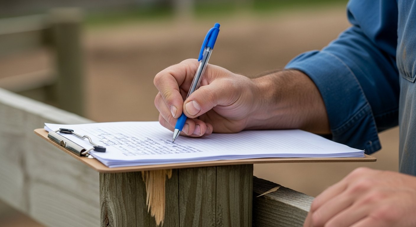 Tradesman writing a clear itemized quote on a clipboard