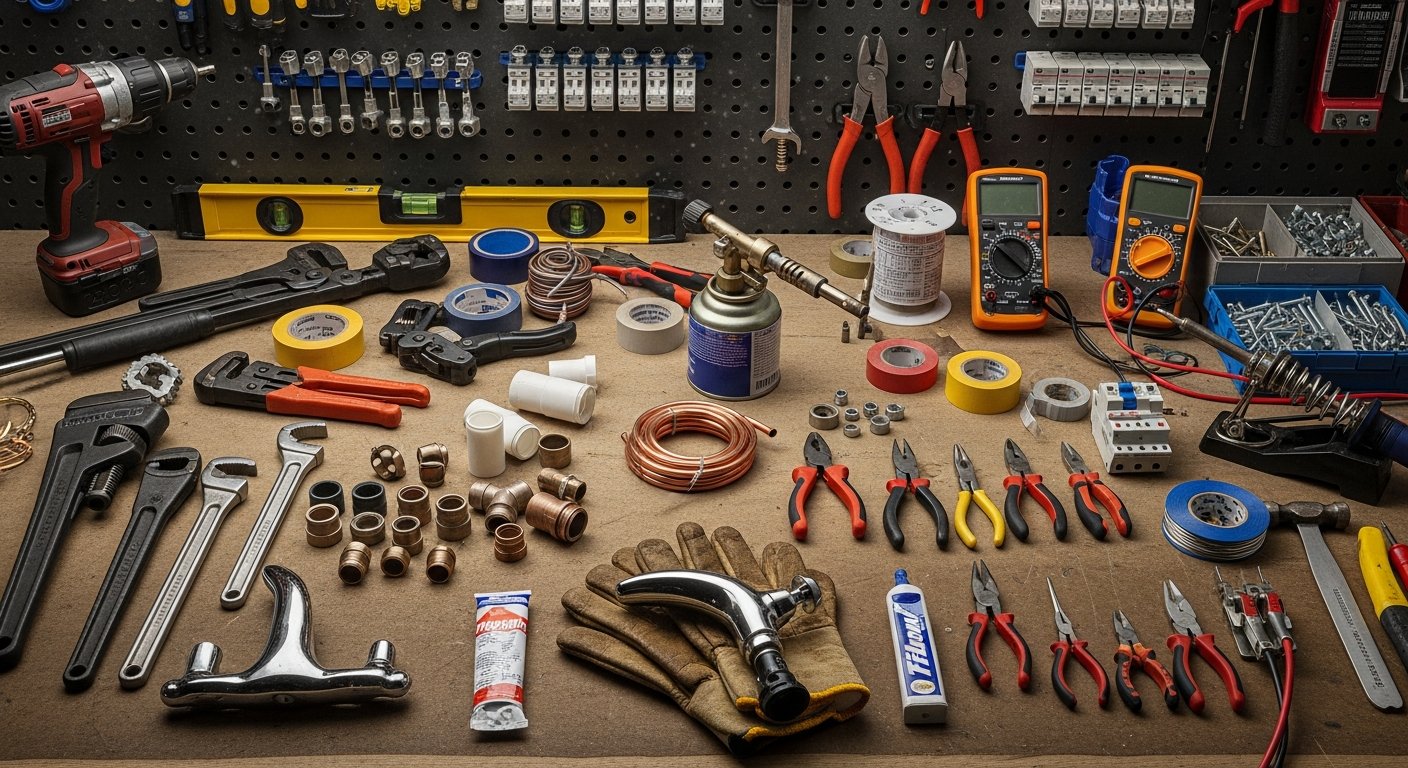 Professional plumbing and electrical tools on a workshop bench